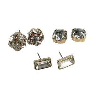 Set Of 3 Pairs Gold-Tone Crystal Stud Earrings